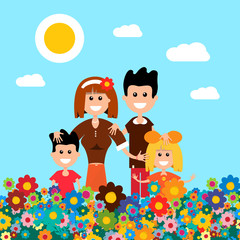 Happy Family on Flower Meadow. Field with Flowers with Smiling People Vector Illustration.