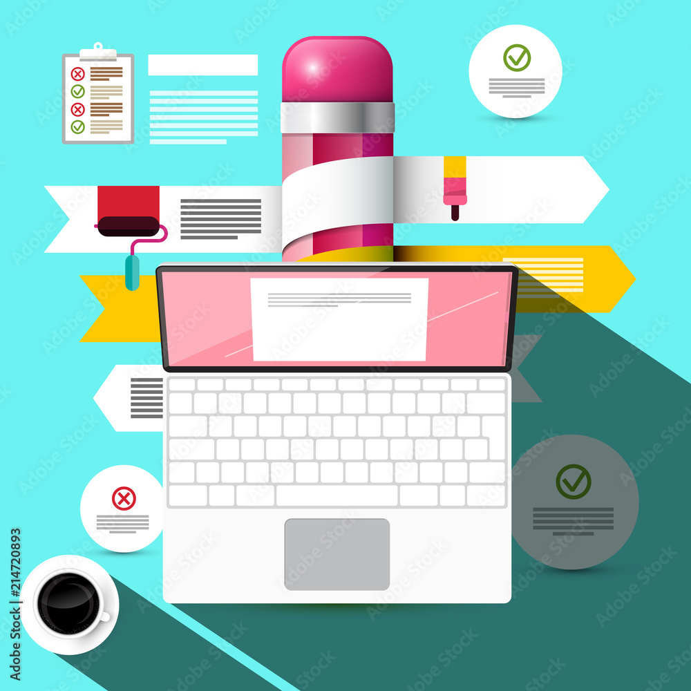 Poster top view notebook computer with infographics elements. vector creative infographic design.