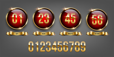 Golden numbers inside red circles with golden rings and golden ribbons on gray background. Vector luxury counter.