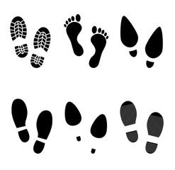 Human footprint vector icon set. Bare foot, boots, high heels etc. Vector art.