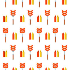 Seamless pattern on white background. Barbecue, grill, sausage, ketchup and mustard.