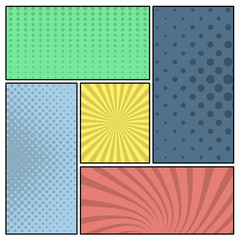 Colorful comic book page background in pop art style. Empty template with rays and dots pattern. Vector illustration
