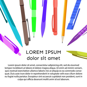 Background with pens, pencils and place for your text. Vector illustration.
