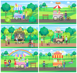 Fototapeta na wymiar Carts with Street Fast Food in Green Parks Set