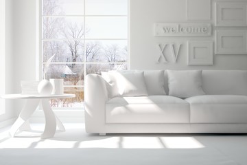 White room with sofa and winter landscape in window. Scandinavian interior design. 3D illustration