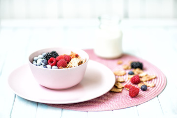 Healthy Breakfast of cereals, berries and milk