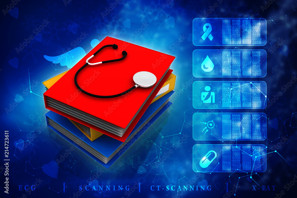Poster 3d rendering stethoscope check in book