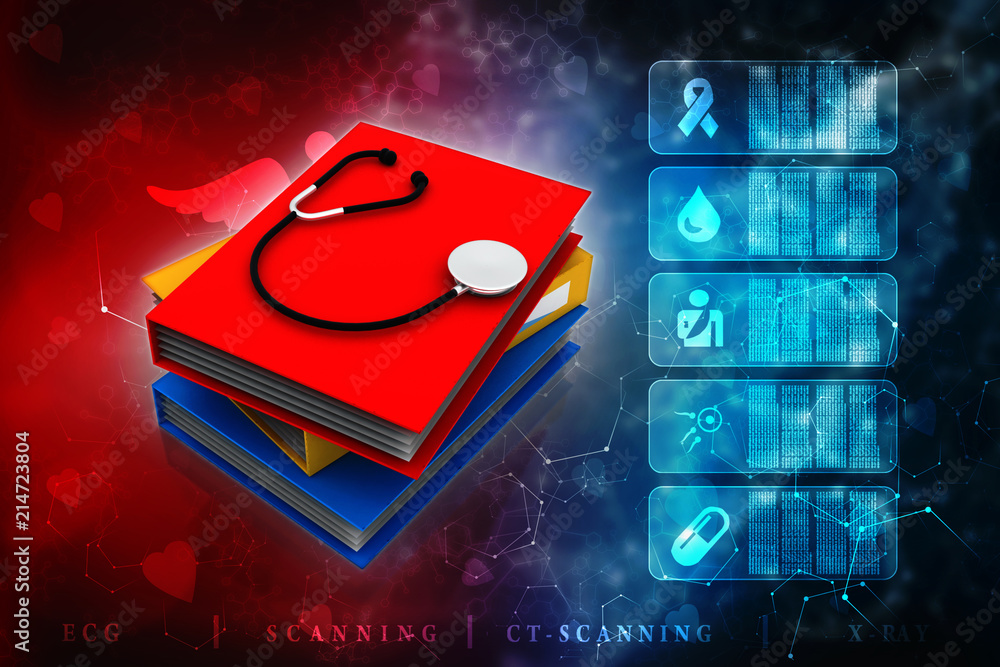 Poster 3d rendering stethoscope check in book