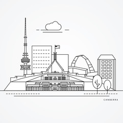 Linear illustration of Canberra, Australia. Flat one line style. Trendy vector illustration. Architecture line cityscape with famous landmarks, city sights, design icons. Editable strokes
