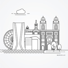 Linear illustration of Marseille, Frances. Flat one line style. Trendy vector illustration. Architecture line cityscape with famous landmarks, city sights, design icons. Editable strokes