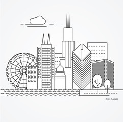 Linear illustration of Chicago, USA. Flat one line style. Trendy vector illustration. Architecture line cityscape with famous landmarks, city sights, design icons. Editable strokes
