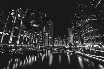 The Chicago River at night, in Chicago, Illinois
