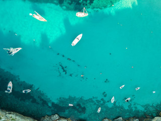 Fototapeta na wymiar Aerial Above View Yachts Beach Mediterranean Sea Blue Water