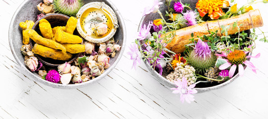 Healing herbs with mortar