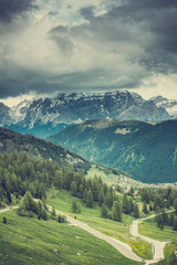 Fototapeta na wymiar Gardena Pass in Italian Dolomites mountains
