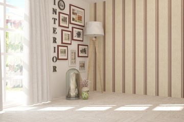 White empty room with home decor. Scandinavian interior design. 3D illustration