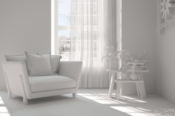 White room with armchair and winter landscape in window. Scandinavian interior design. 3D illustration