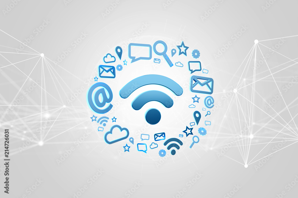 Poster wifi symbol connection surrounded by multimedia and internet application logo - 3d render
