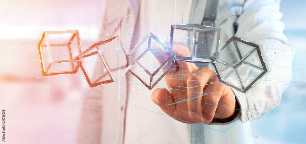 Poster man holding a 3d rendering blockchain cube isolated on a background
