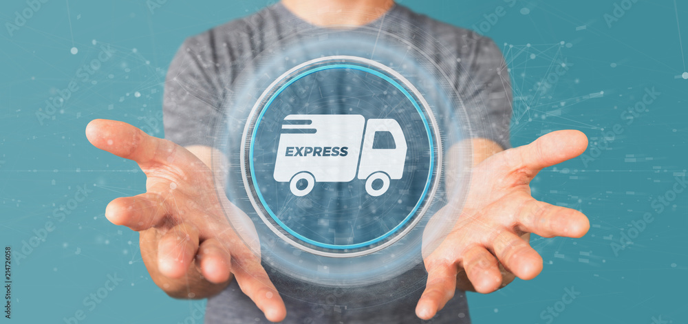 Poster businessman holding a fast delivery button with connection 3d rendering