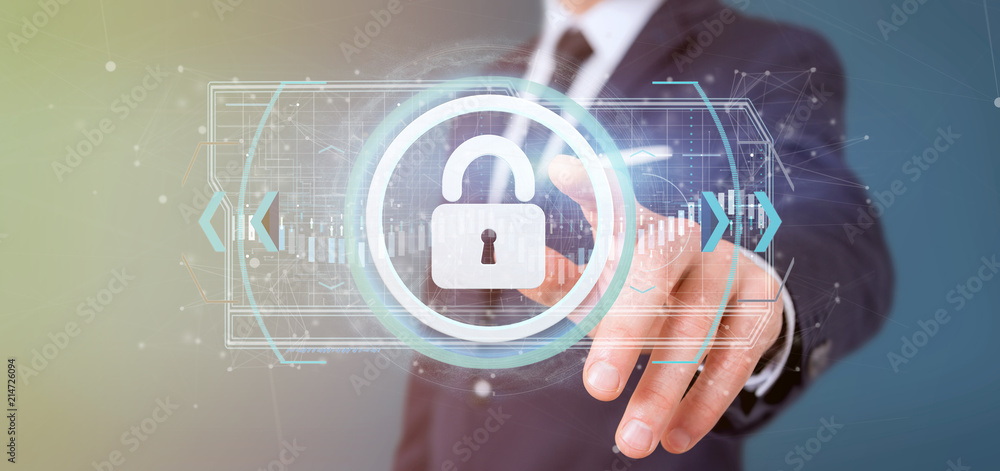 Poster man holding a padlock web security concept 3d rendering