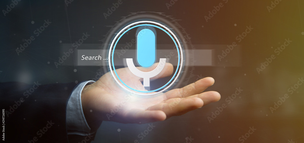 Poster businessman holding a vocal search system with button and icon3d rendering