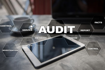 Audit business concept. Auditor. Compliance. Virtual screen technology.