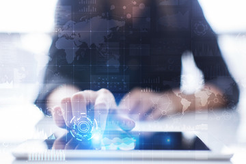 Internet, Business and technology concept. Icons, diagrams and graphs background on virtual screen.