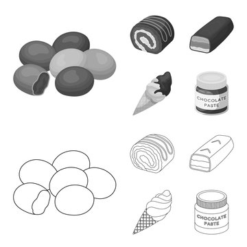 Dragee, roll, chocolate bar, ice cream. Chocolate desserts set collection icons in outline,monochrome style vector symbol stock illustration web.