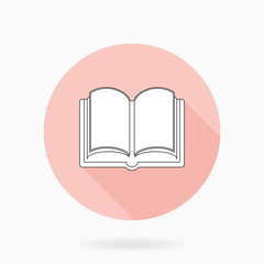 Fine vector book white icon in the circle. Flat design and long shadow