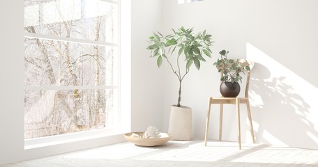 White room with chair and winter landscape in window. Scandinavian interior design. 3D illustration
