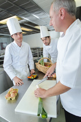 apprentices cooks watching the chef garnishing a dish