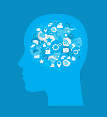 Artificial intelligence human head with social media icons blue