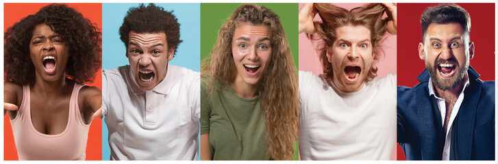 Angry people screaming. The collage of different human facial expressions, emotions and feelings of...