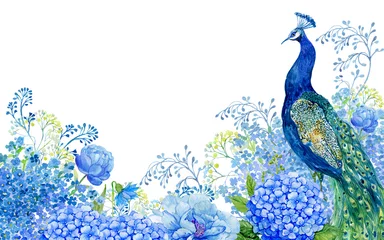Foto auf Acrylglas Pfau illustration für grußkarten, großer vogel und pfauenblaue blumen .aquarellhandmalerei