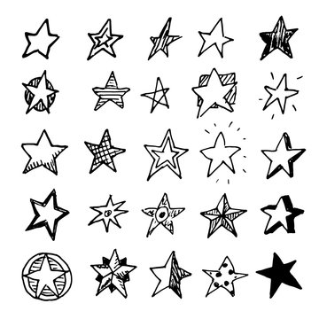 Hand Drawn stars doodles set. Sketch style icons. Decoration element. Isolated on white background. Flat design. Vector illustration