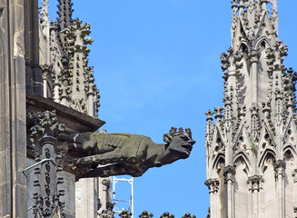 Gargoyle in the form of a creature with a human head in the crown.  Germany, Cologne, August 2017
