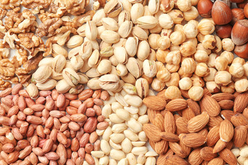 Many different nuts as background