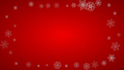 Christmas background with silver snowflakes and sparkles. Horizontal New Year and Christmas background for party invitation, banner, gift cards, retail offers. Falling snow. Frosty winter backdrop.