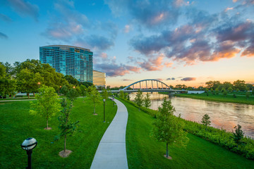 The Lower Scioto Greenway, and Scioto River at sunset, in Columbus, Ohio.