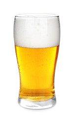 Glass of cold beer on white background