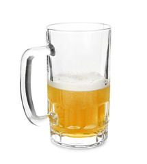 Half-filled mug of cold beer on white background