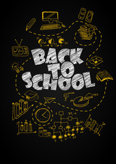 Concept of education. School background with hand drawn school supplies and comic speech bubble with Back to School lettering on blackboard.