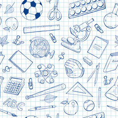 School doodle background. Vector seamless pattern from school elements hand drawn on notebook sheet. Back to school backdrop in sketch style.