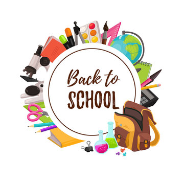 Hand drawn school objects in circle composition around text. Vector illustration of education design elements  isolated on white background. Back to school.