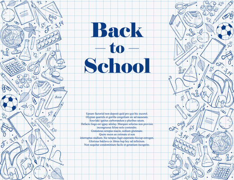 Hand drawn school objects in vertical composition. Vector illustration of school accessories ihand drawn on notepad sheet. Back to school poster on notepad squared sheet.