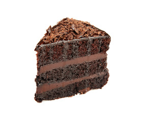 Piece of delicious chocolate cake on white background