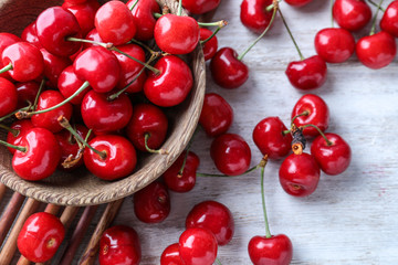 Bowl with tasty ripe cherries on white wooden background