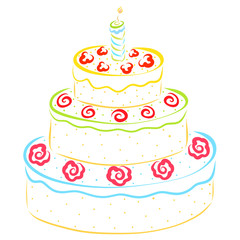 A large cake decorated with flowers, with a candle