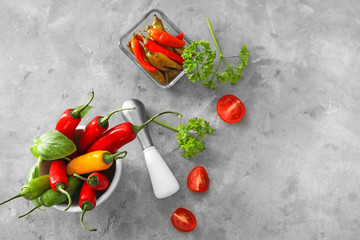 Composition with chili peppers and herbs on grey textured background